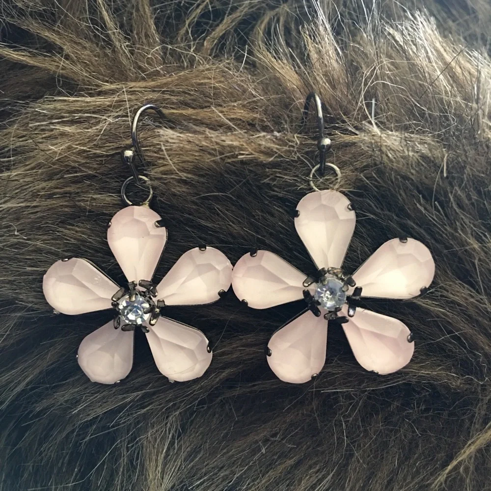 Pale pink faceted stone flower fish hook earrings